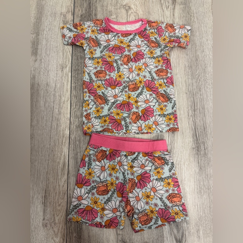 Little One Shop Floral Delight Kids Bamboo Pajama Set - Pink and Orange